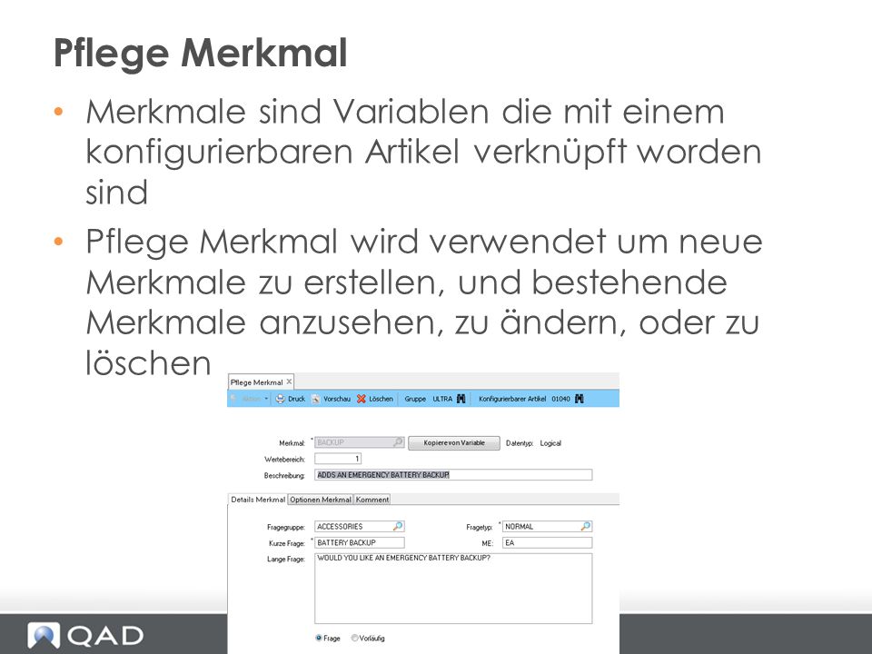 Pflege Merkmal Merkmale sind Variablen die mit einem konfigurierbaren Artikel verknüpft worden sind.