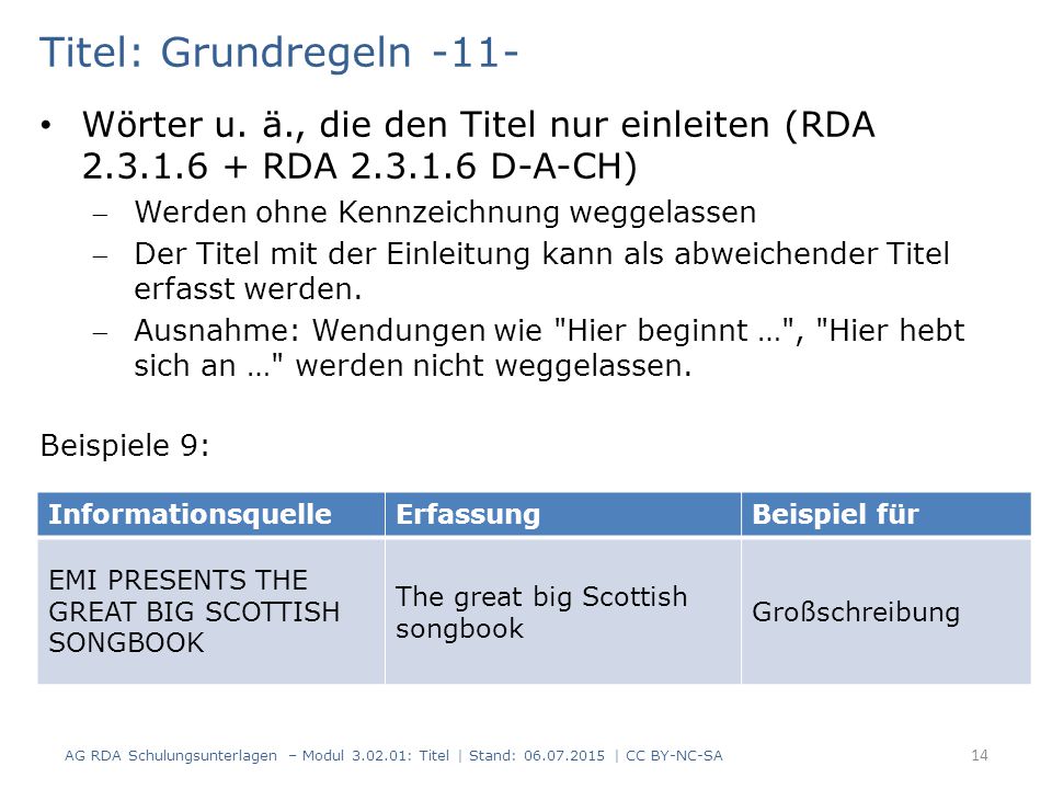Titel: Grundregeln -11- Wörter u. ä., die den Titel nur einleiten (RDA RDA D-A-CH)
