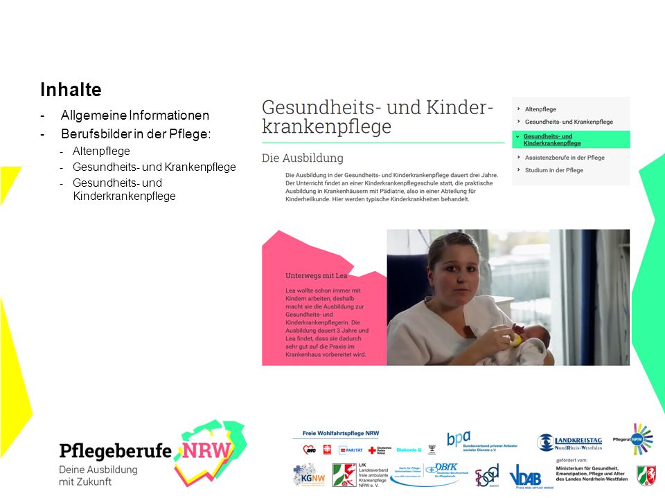 Inhalte Allgemeine Informationen Berufsbilder in der Pflege: