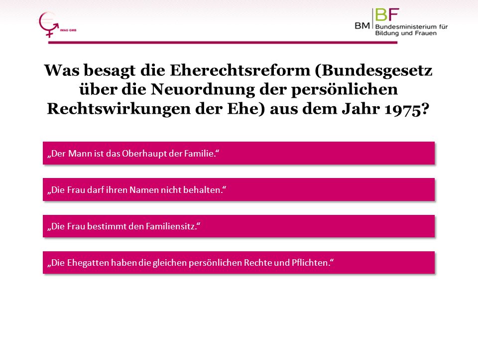 Was besagt die Eherechtsreform (Bundesgesetz über die Neuordnung der persönlichen Rechtswirkungen der Ehe) aus dem Jahr 1975