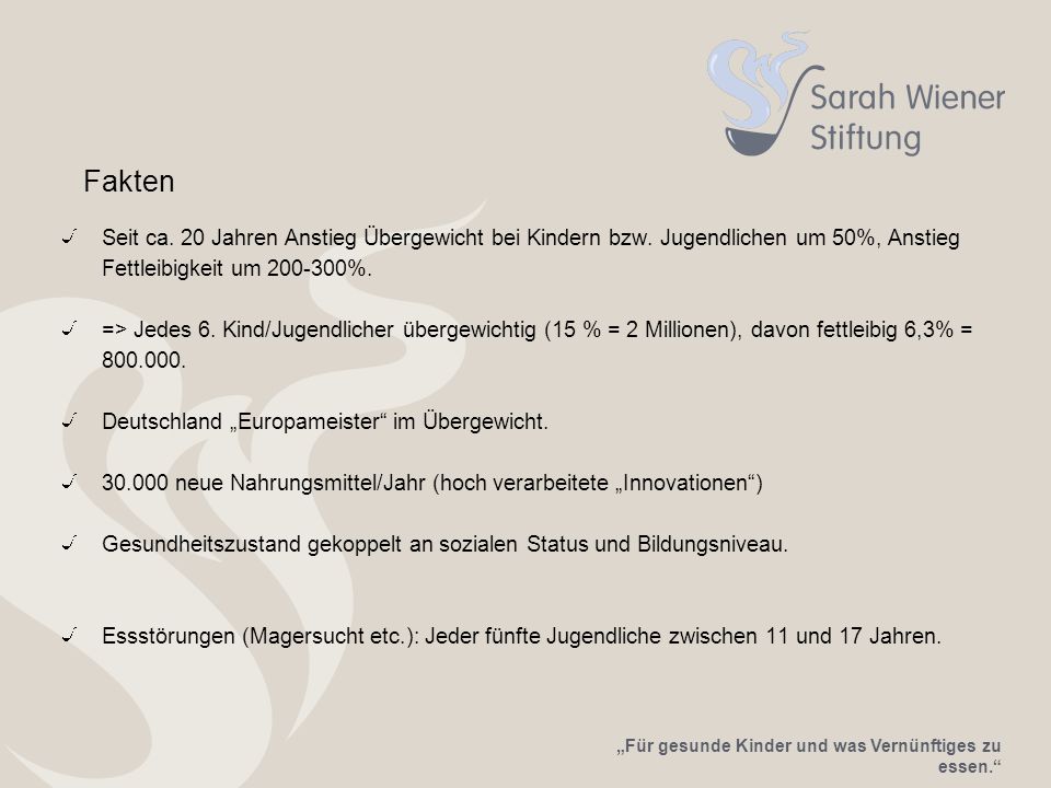 Fakten Seit ca. 20 Jahren Anstieg Übergewicht bei Kindern bzw. Jugendlichen um 50%, Anstieg Fettleibigkeit um %.