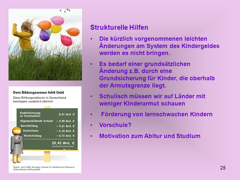 Strukturelle Hilfen Die kürzlich vorgenommenen leichten Änderungen am System des Kindergeldes werden es nicht bringen.