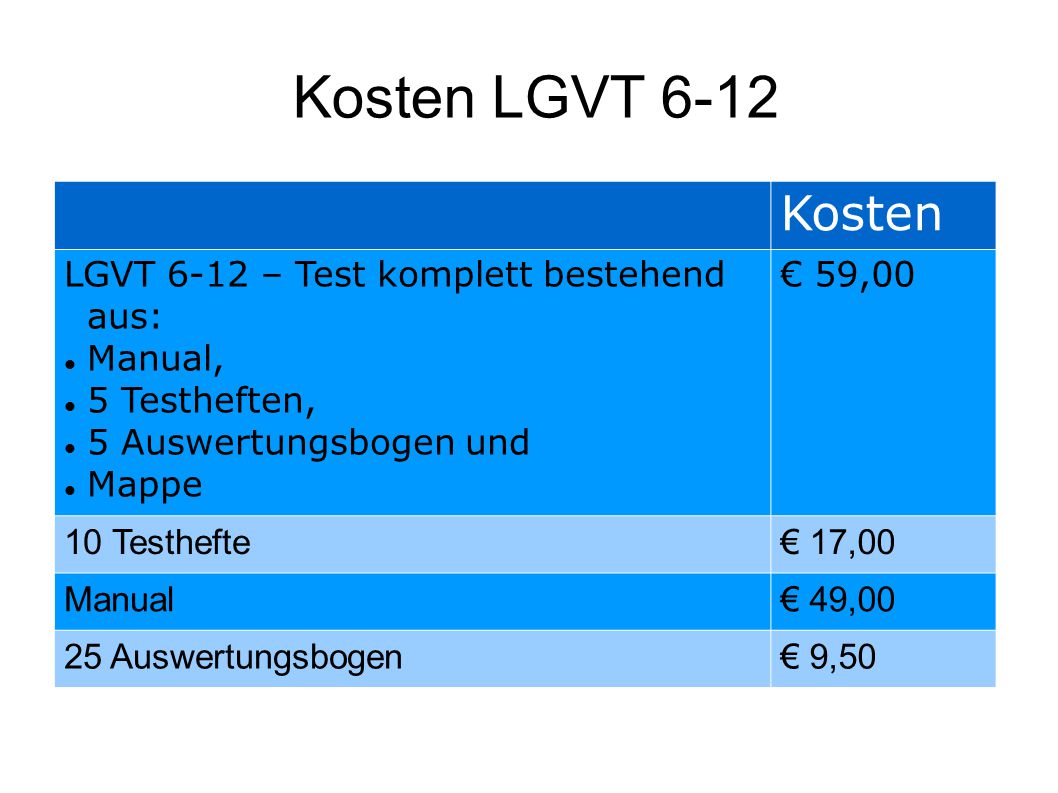 Kosten LGVT 6-12 Kosten LGVT 6-12 – Test komplett bestehend aus: