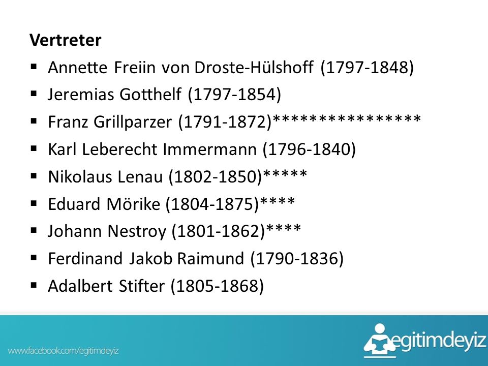 Vertreter Annette Freiin von Droste-Hülshoff ( ) Jeremias Gotthelf ( ) Franz Grillparzer ( )****************