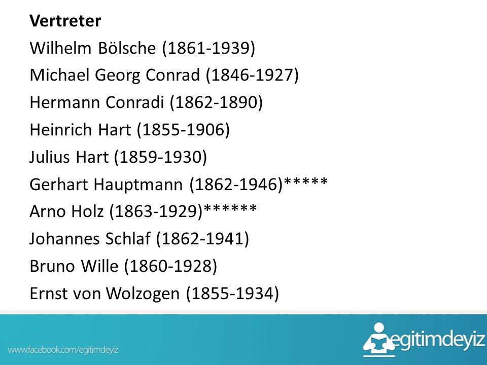 Vertreter Wilhelm Bölsche ( ) Michael Georg Conrad ( ) Hermann Conradi ( ) Heinrich Hart ( ) Julius Hart ( ) Gerhart Hauptmann ( )***** Arno Holz ( )****** Johannes Schlaf ( ) Bruno Wille ( ) Ernst von Wolzogen ( )