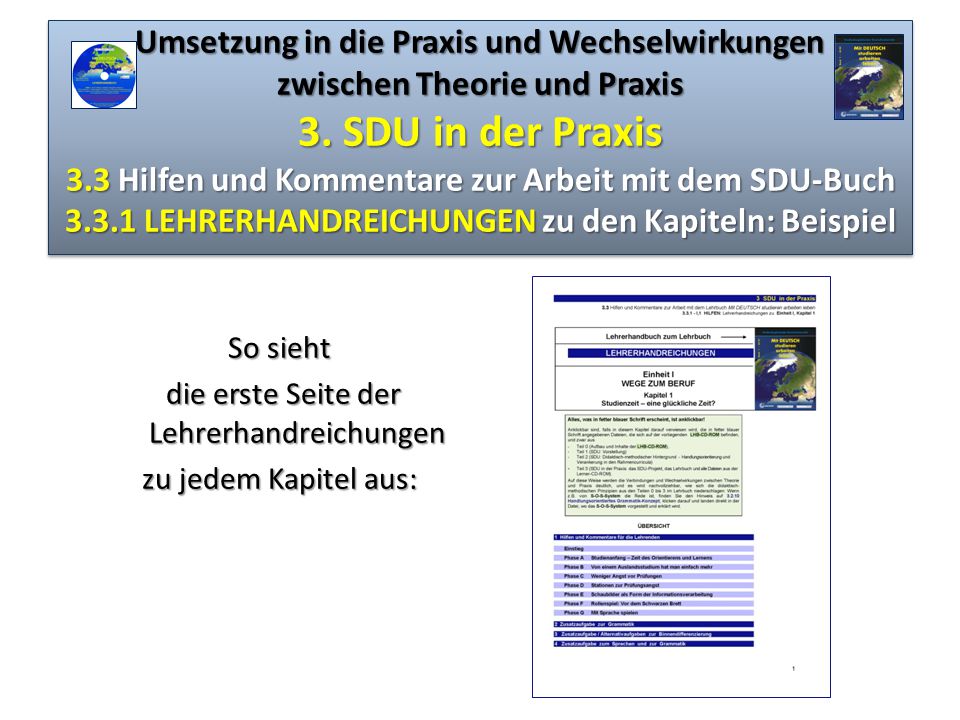Umsetzung in die Praxis und Wechselwirkungen zwischen Theorie und Praxis 3. SDU in der Praxis 3.3 Hilfen und Kommentare zur Arbeit mit dem SDU-Buch LEHRERHANDREICHUNGEN zu den Kapiteln: Beispiel