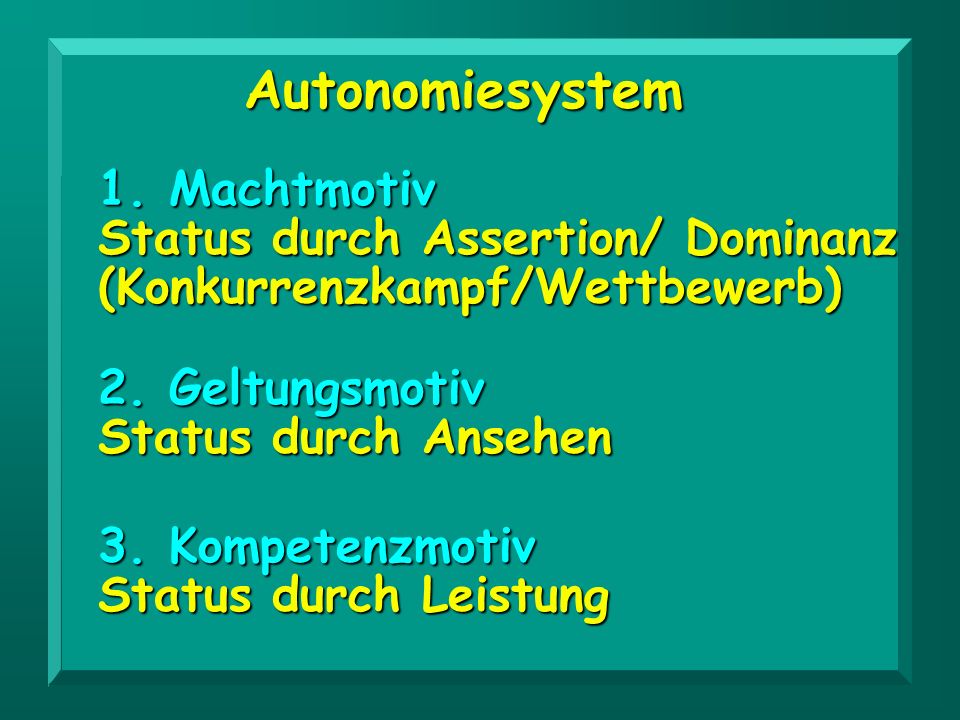 Autonomiesystem 1. Machtmotiv Status durch Assertion/ Dominanz (Konkurrenzkampf/Wettbewerb) 2. Geltungsmotiv Status durch Ansehen.