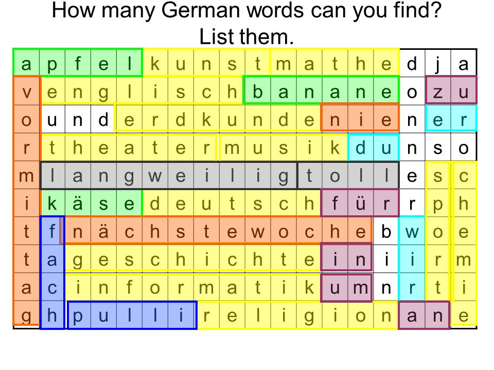How many German words can you find List them.