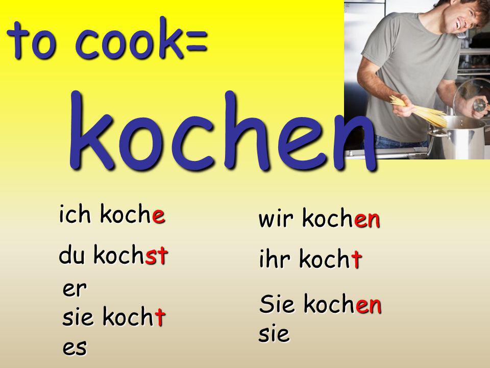 kochen to cook= ich koche wir kochen du kochst ihr kocht