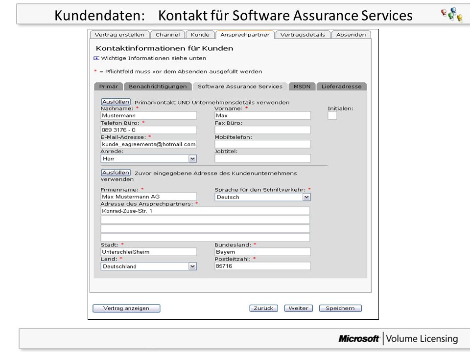 Kundendaten: Kontakt für Software Assurance Services