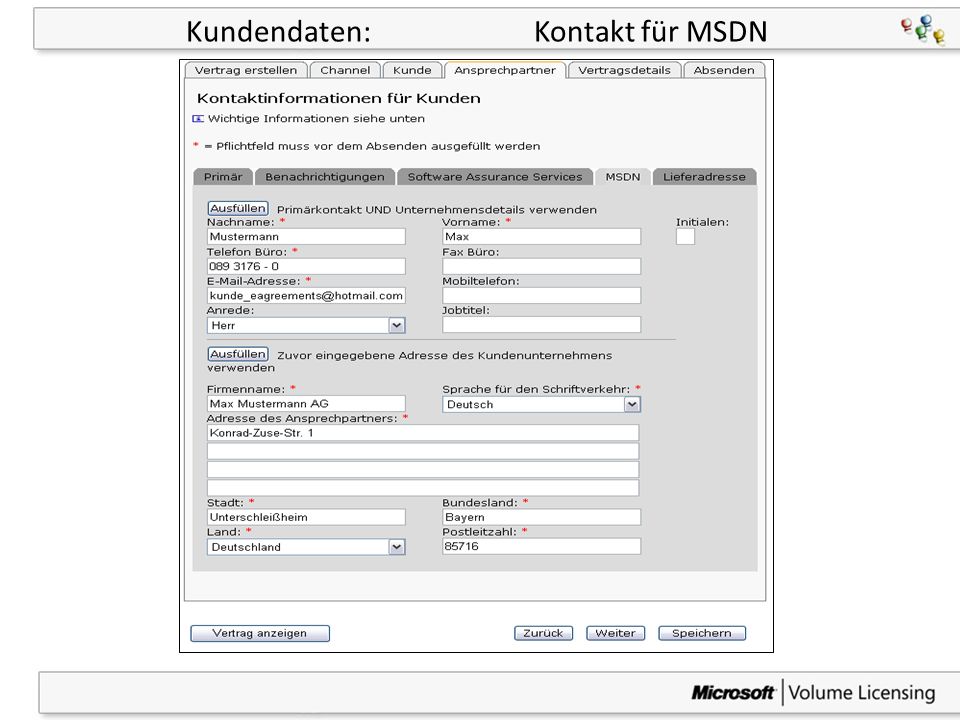 Kundendaten: Kontakt für MSDN