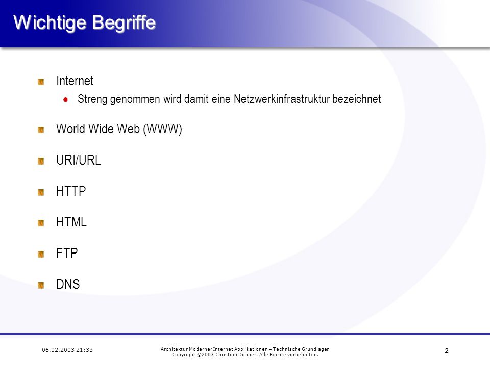 Wichtige Begriffe Internet World Wide Web (WWW) URI/URL HTTP HTML FTP