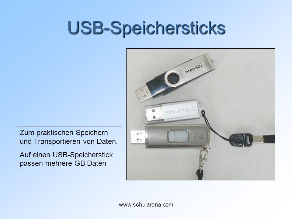 USB-Speichersticks Zum praktischen Speichern und Transportieren von Daten. Auf einen USB-Speicherstick passen mehrere GB Daten.