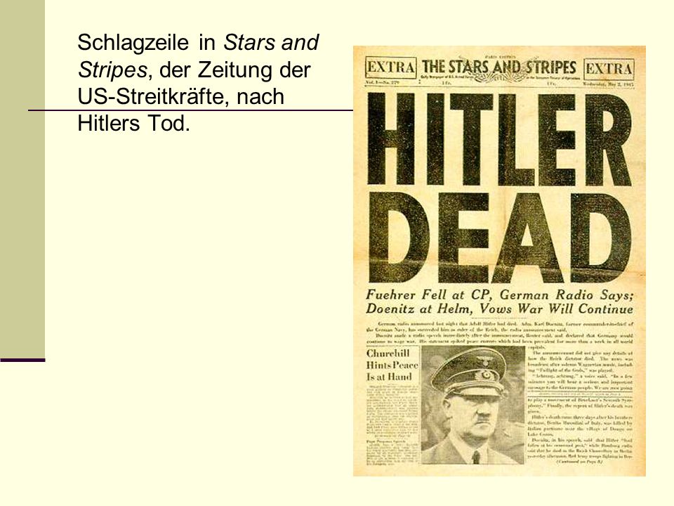 Schlagzeile in Stars and Stripes, der Zeitung der US-Streitkräfte, nach Hitlers Tod.