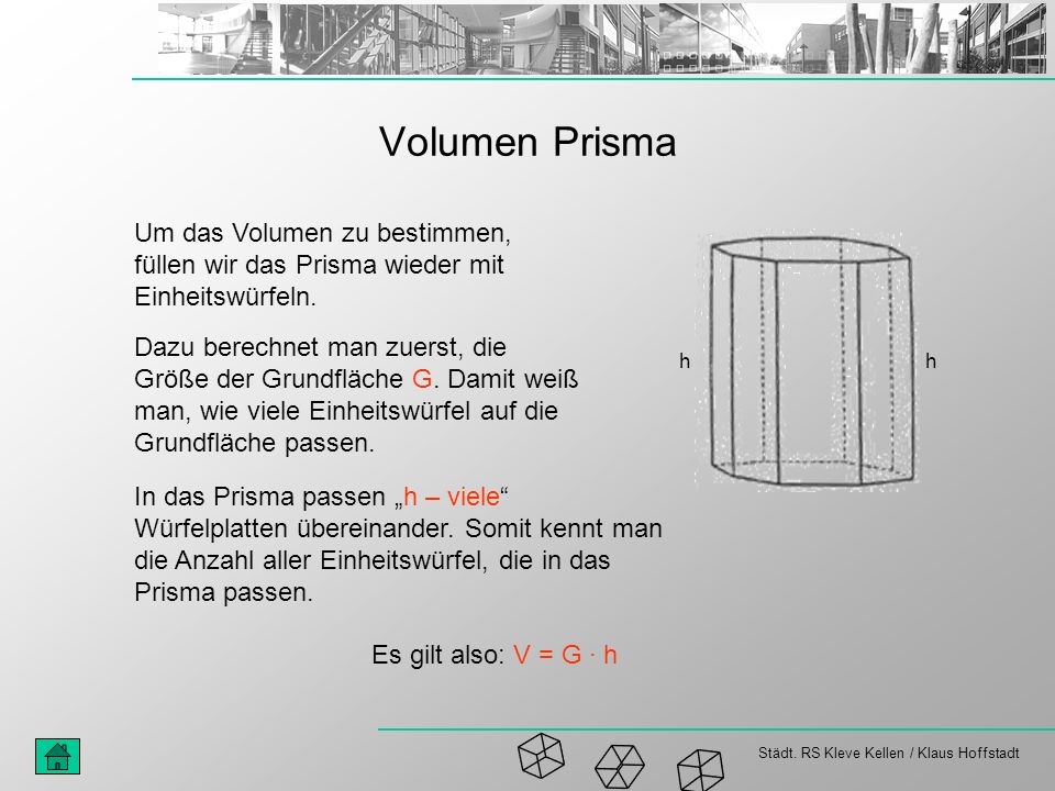 Volumen Prisma Um das Volumen zu bestimmen, füllen wir das Prisma wieder mit Einheitswürfeln.