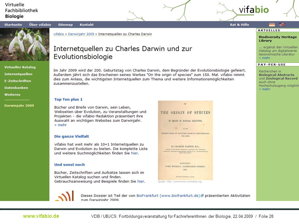 [ Bildschirmfoto: ] Dossier Darwinjahr 2009