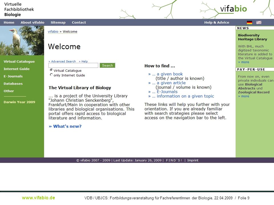 [ Bildschirmfoto: ] vifabio-Startseite (engl.)