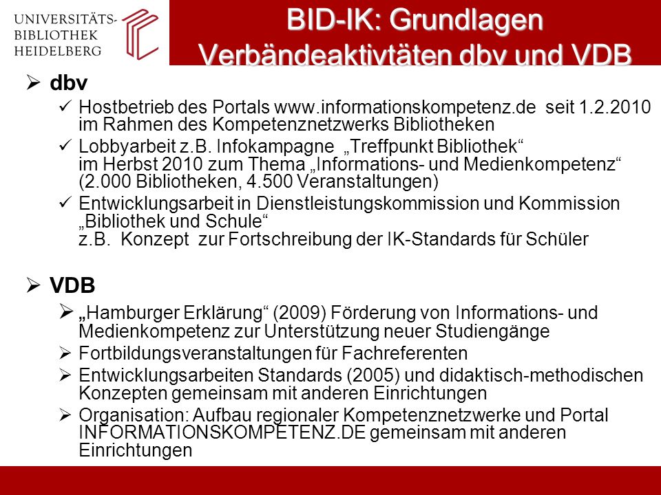 BID-IK: Grundlagen Verbändeaktivtäten dbv und VDB