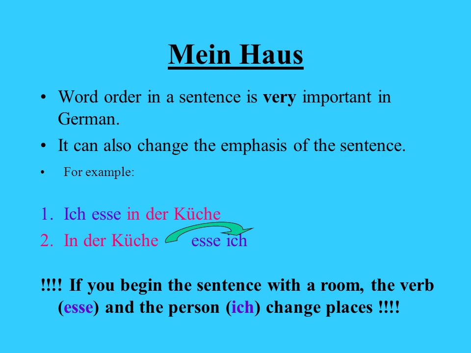 Mein Haus Word order in a sentence is very important in German.
