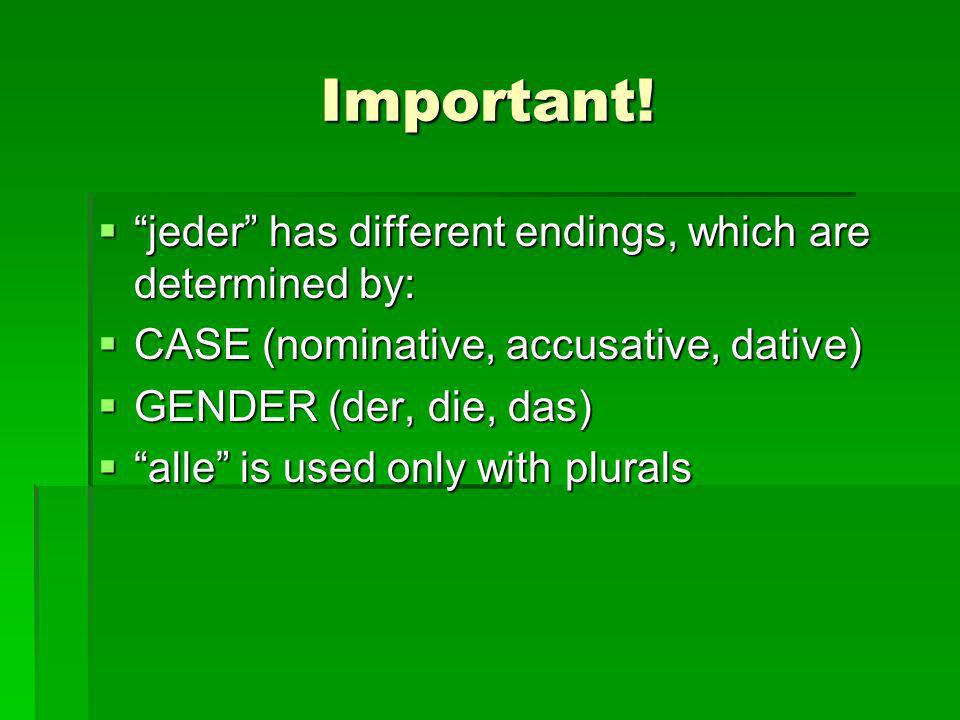 Important! jeder has different endings, which are determined by:
