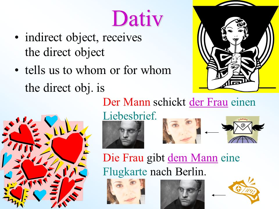 Dativ indirect object, receives the direct object