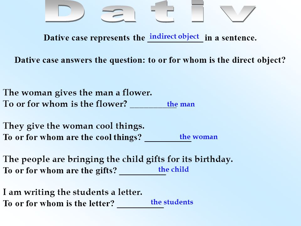 Dativ Dative case represents the ____________ in a sentence.