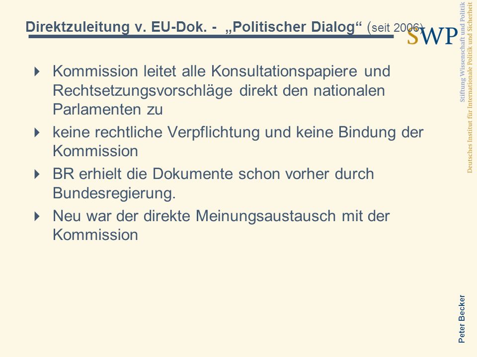 Direktzuleitung v. EU-Dok. - „Politischer Dialog (seit 2006)