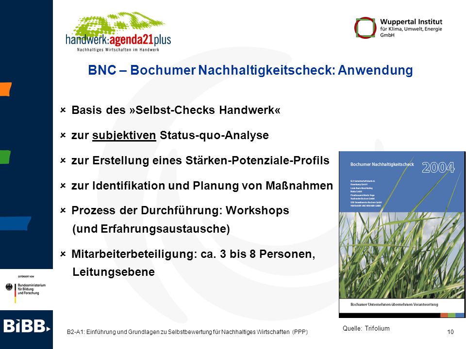 BNC – Bochumer Nachhaltigkeitscheck: Anwendung