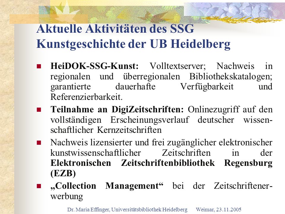 Aktuelle Aktivitäten des SSG Kunstgeschichte der UB Heidelberg