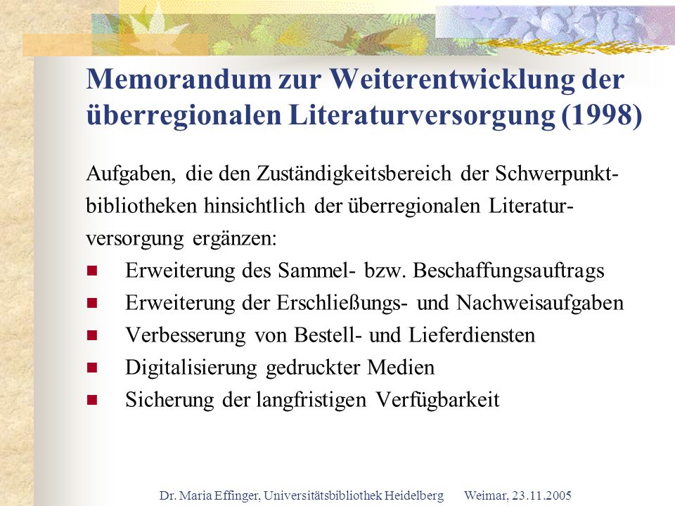 Memorandum zur Weiterentwicklung der überregionalen Literaturversorgung (1998)