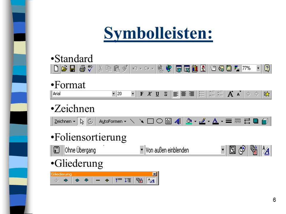 Symbolleisten: Standard Format Zeichnen Foliensortierung Gliederung