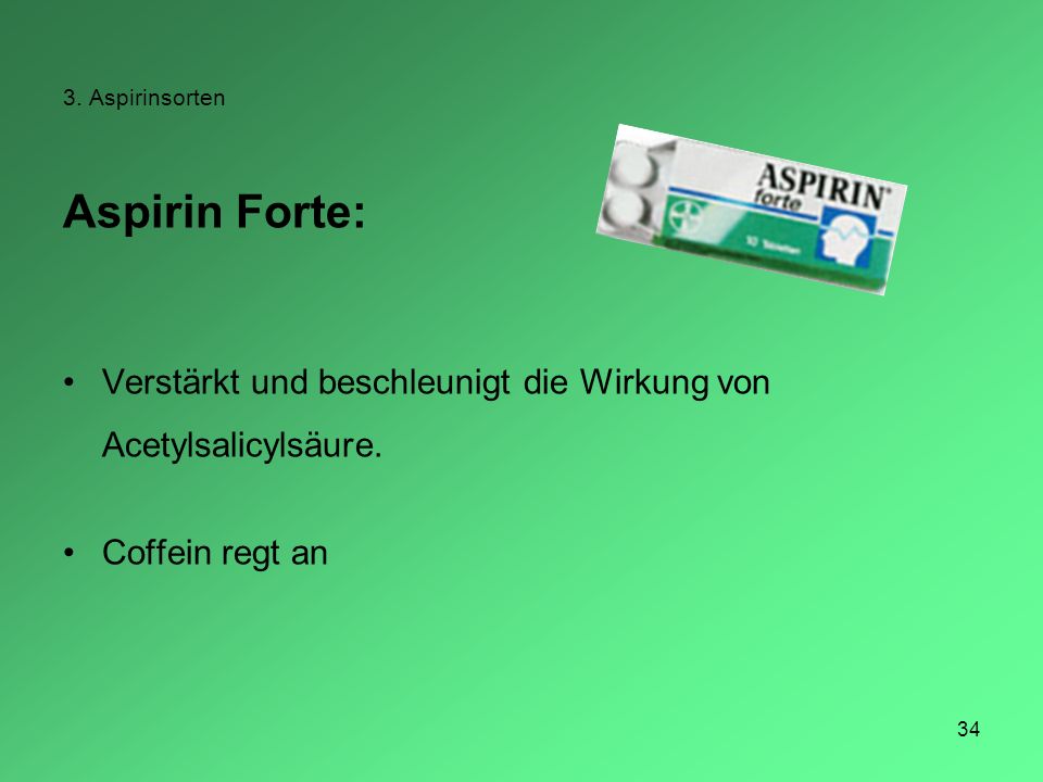 3. Aspirinsorten Aspirin Forte: Verstärkt und beschleunigt die Wirkung von Acetylsalicylsäure.
