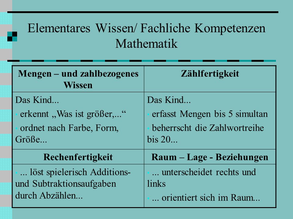 Elementares Wissen/ Fachliche Kompetenzen Mathematik