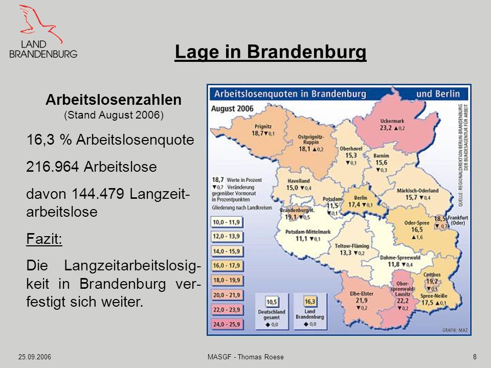 Lage in Brandenburg Arbeitslosenzahlen 16,3 % Arbeitslosenquote