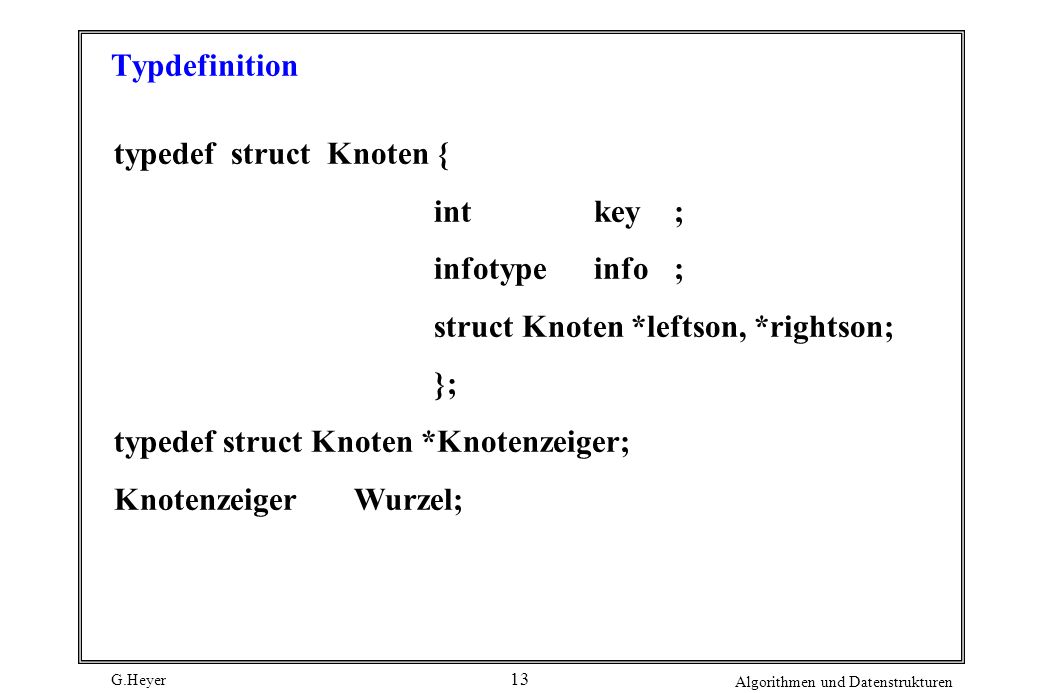 Typdefinition typedef struct Knoten { int key ; infotype info ; struct Knoten *leftson, *rightson;