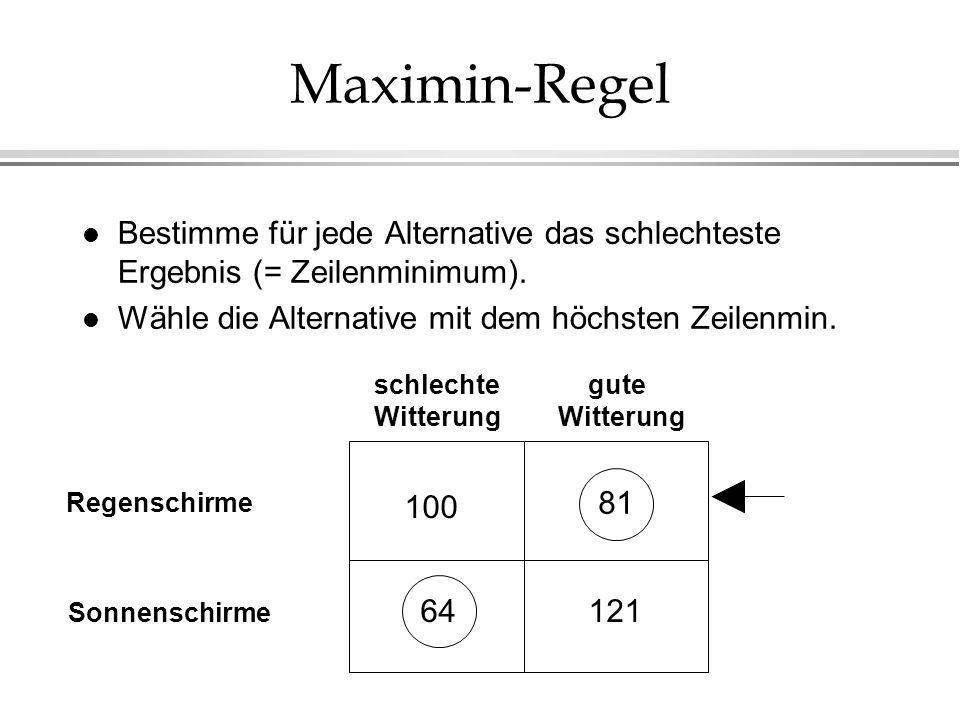 Maximin-Regel Bestimme für jede Alternative das schlechteste Ergebnis (= Zeilenminimum). Wähle die Alternative mit dem höchsten Zeilenmin.