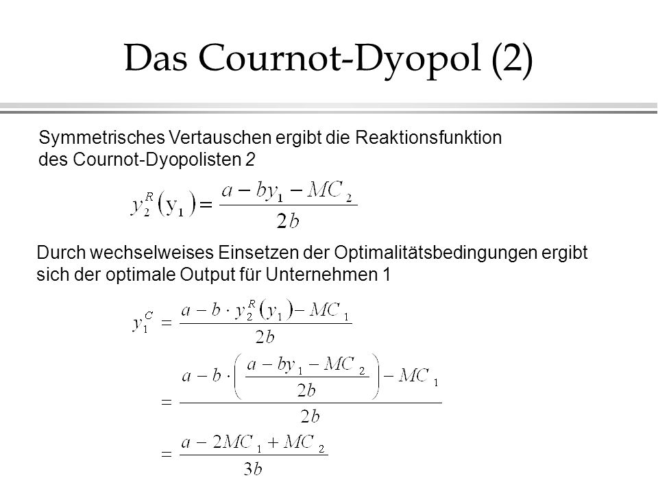 Das Cournot-Dyopol (2) Symmetrisches Vertauschen ergibt die Reaktionsfunktion des Cournot-Dyopolisten 2.