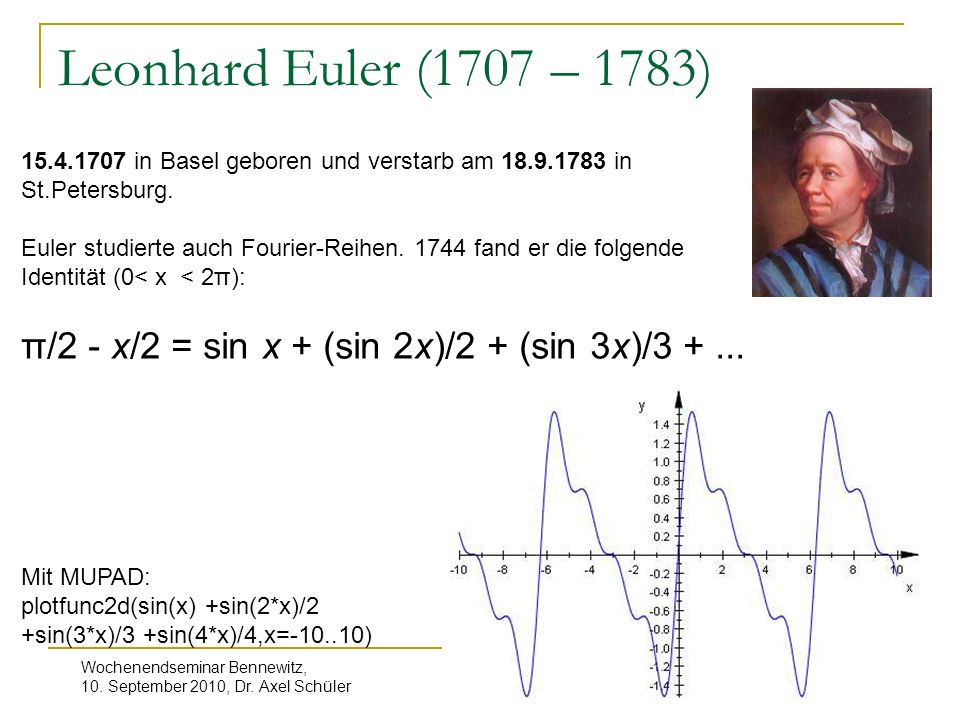 Leonhard Euler (1707 – 1783) in Basel geboren und verstarb am in St.Petersburg.