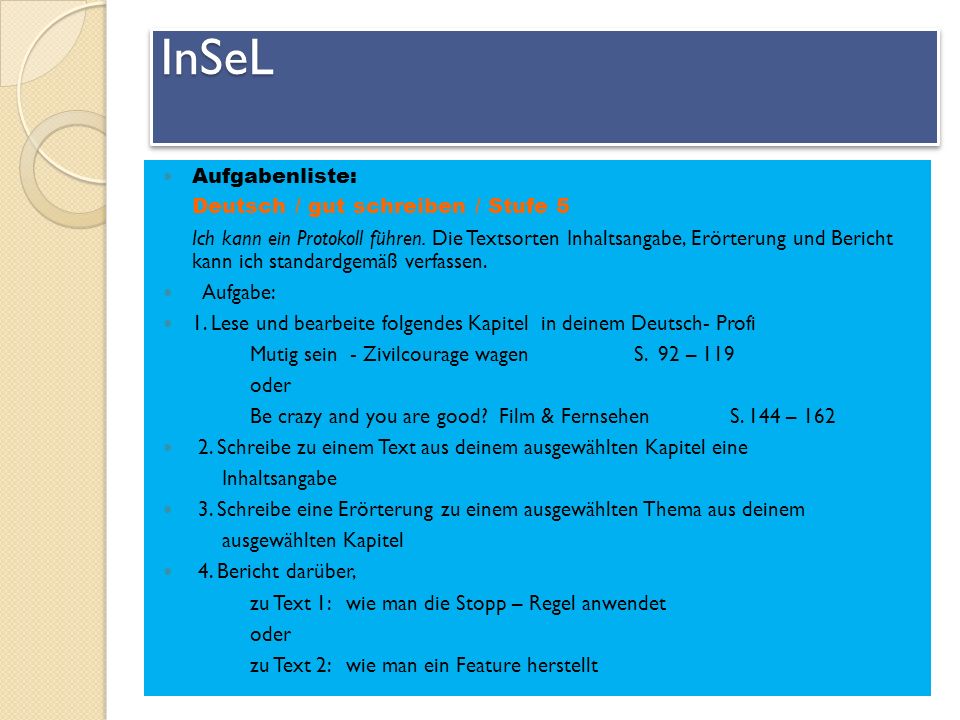 InSeL Aufgabenliste: Deutsch / gut schreiben / Stufe 5