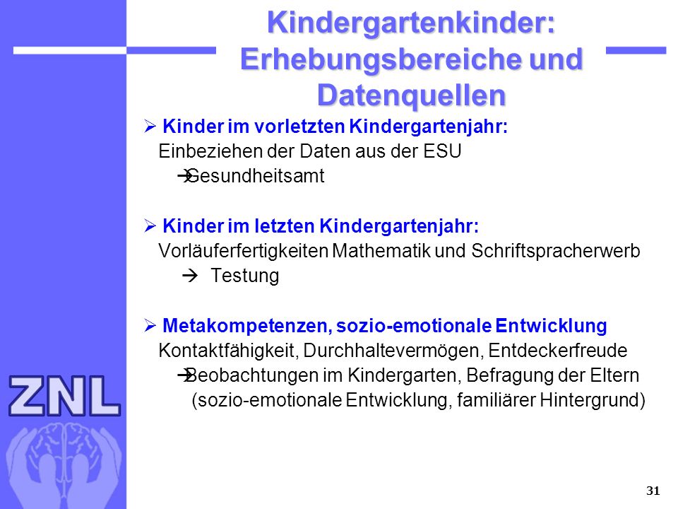Kindergartenkinder: Erhebungsbereiche und Datenquellen