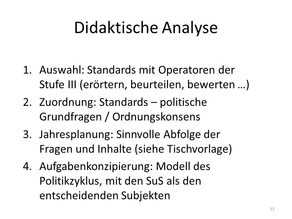 Didaktische Analyse Auswahl: Standards mit Operatoren der Stufe III (erörtern, beurteilen, bewerten …)