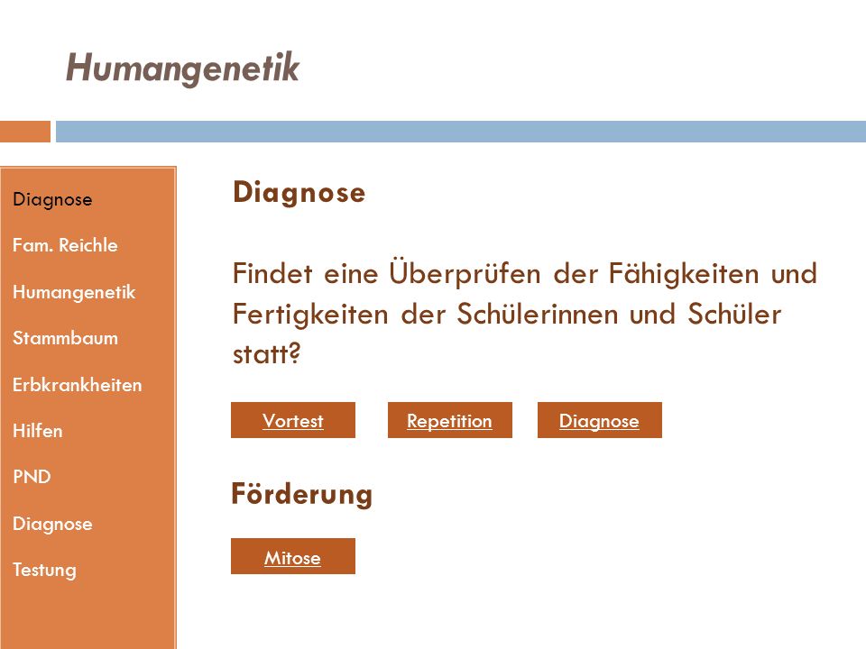 Humangenetik Diagnose. Fam. Reichle. Humangenetik. Stammbaum. Erbkrankheiten. Hilfen. PND. Testung.