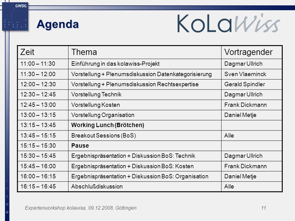 Agenda Zeit Thema Vortragender 11:00 – 11:30