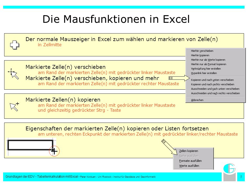 Die Mausfunktionen in Excel
