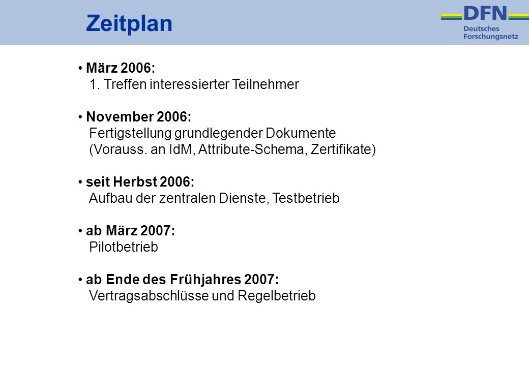 Zeitplan März 2006: 1. Treffen interessierter Teilnehmer