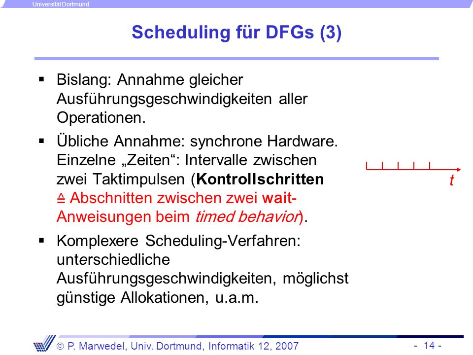 Scheduling für DFGs (3) Bislang: Annahme gleicher Ausführungsgeschwindigkeiten aller Operationen.