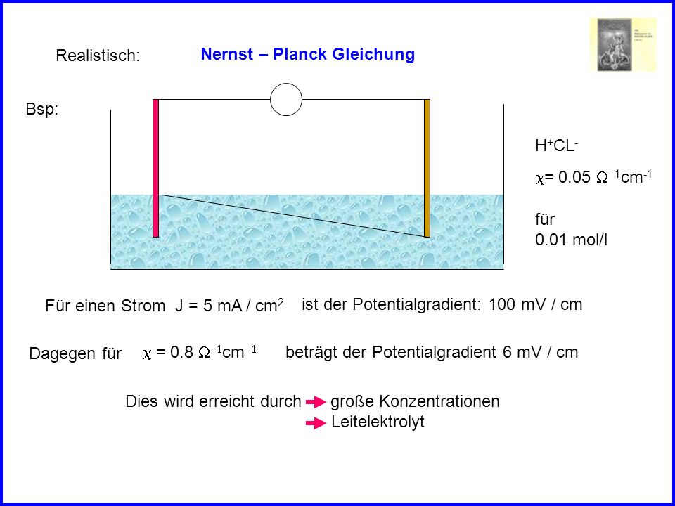 Realistisch: Nernst – Planck Gleichung. Bsp: H+CL- c= 0.05 W-1cm-1. für mol/l. Für einen Strom J = 5 mA / cm2.