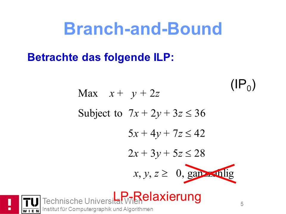Branch-and-Bound (IP0) LP-Relaxierung Betrachte das folgende ILP: