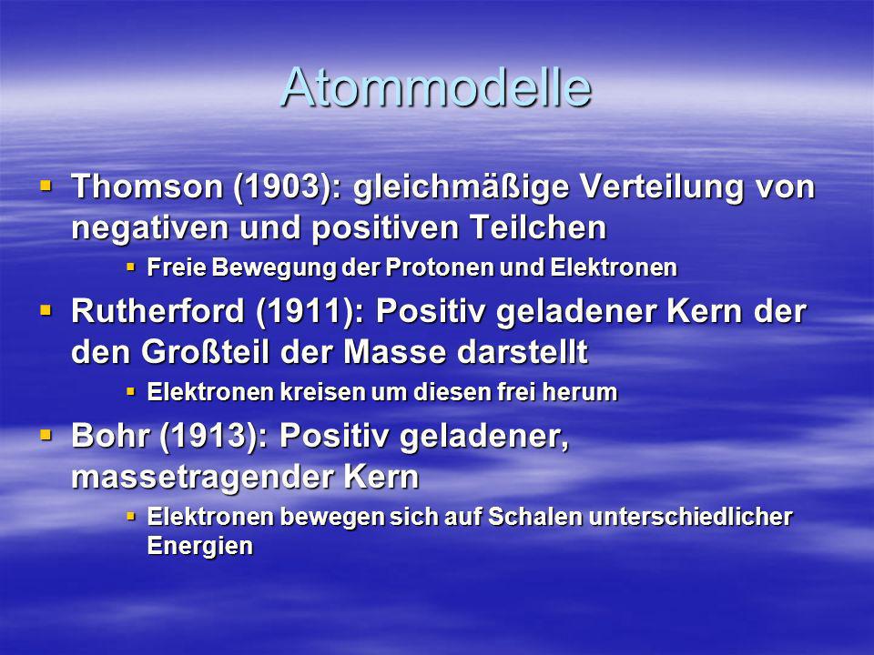 Atommodelle Thomson (1903): gleichmäßige Verteilung von negativen und positiven Teilchen. Freie Bewegung der Protonen und Elektronen.
