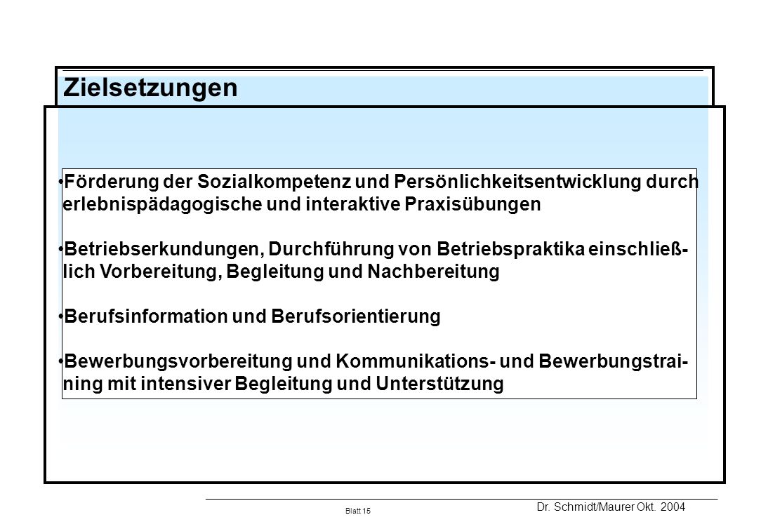 Zielsetzungen Förderung der Sozialkompetenz und Persönlichkeitsentwicklung durch. erlebnispädagogische und interaktive Praxisübungen.
